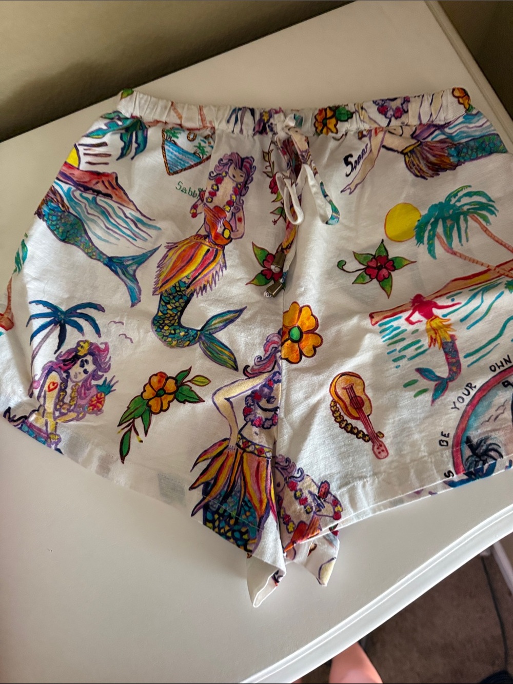 White Tropical Mermaid Print Swim Coverup Shorts